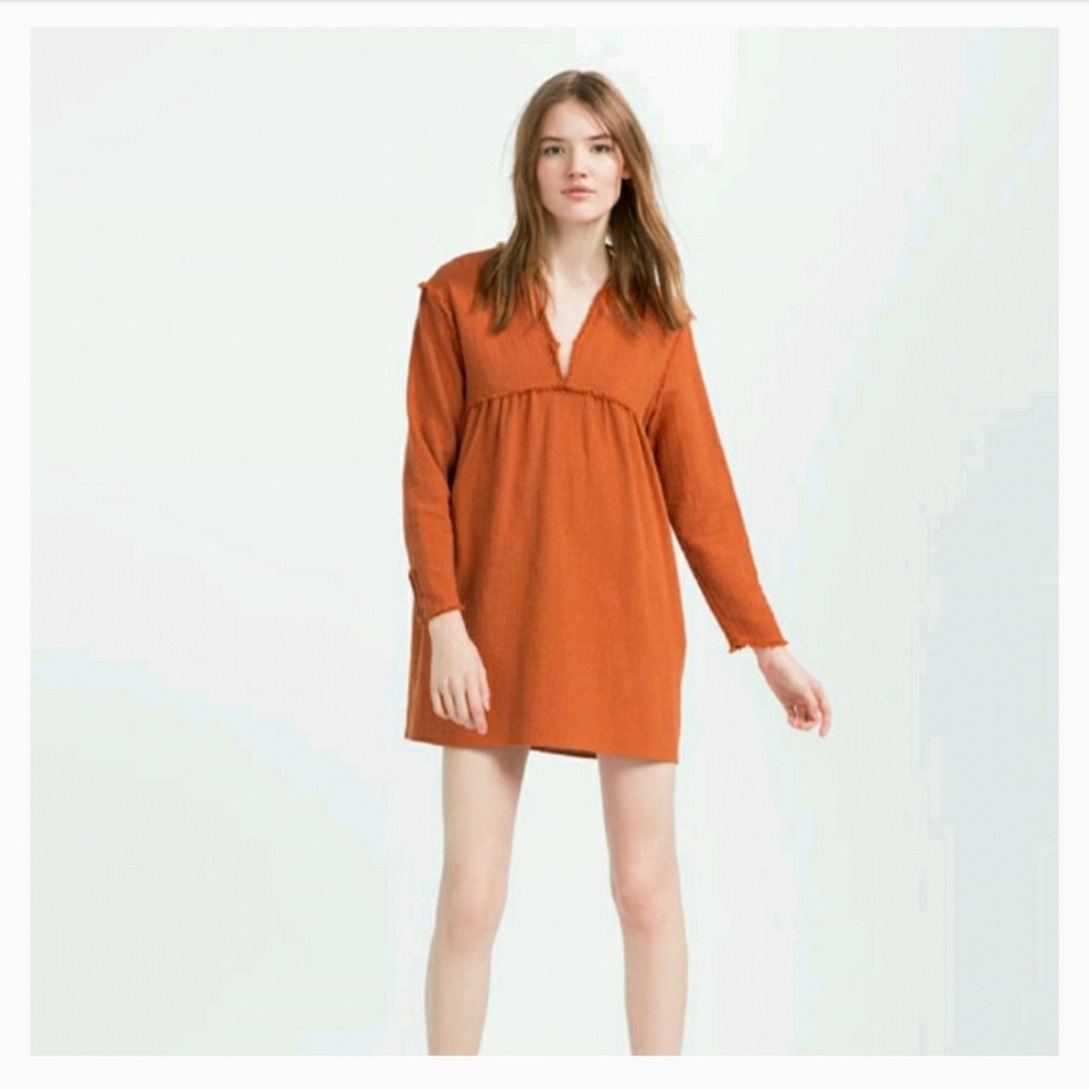 Zara Burnt Orange Tunic Dress with frayed hems size medium NWOT